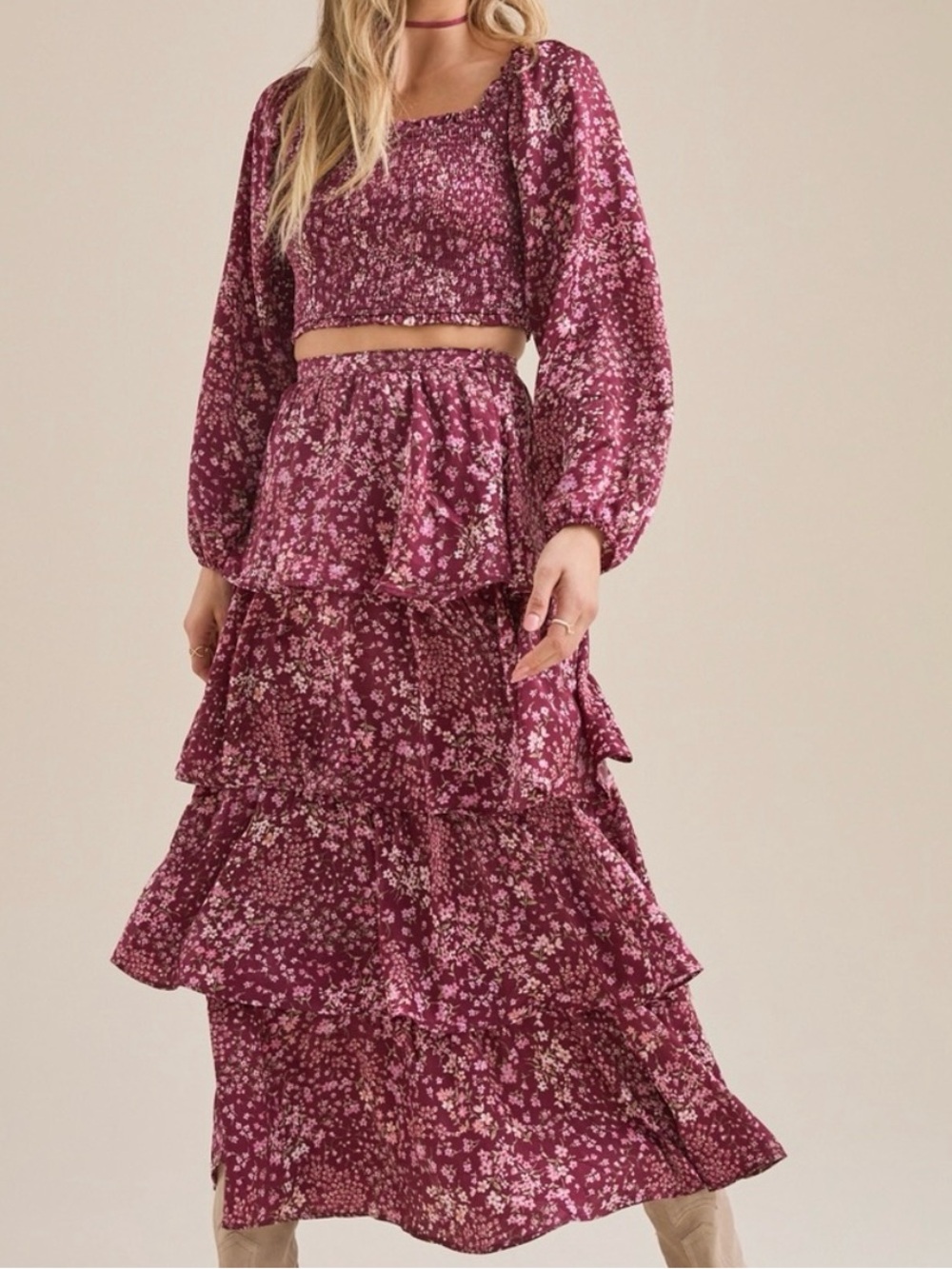 Altar'd State Berry Floral Tiered Maxi Skirt